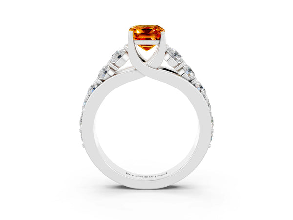 Platinum Emerald Cut Citrine Engagement Ring with Pavé Band and Four-Prong Setting
