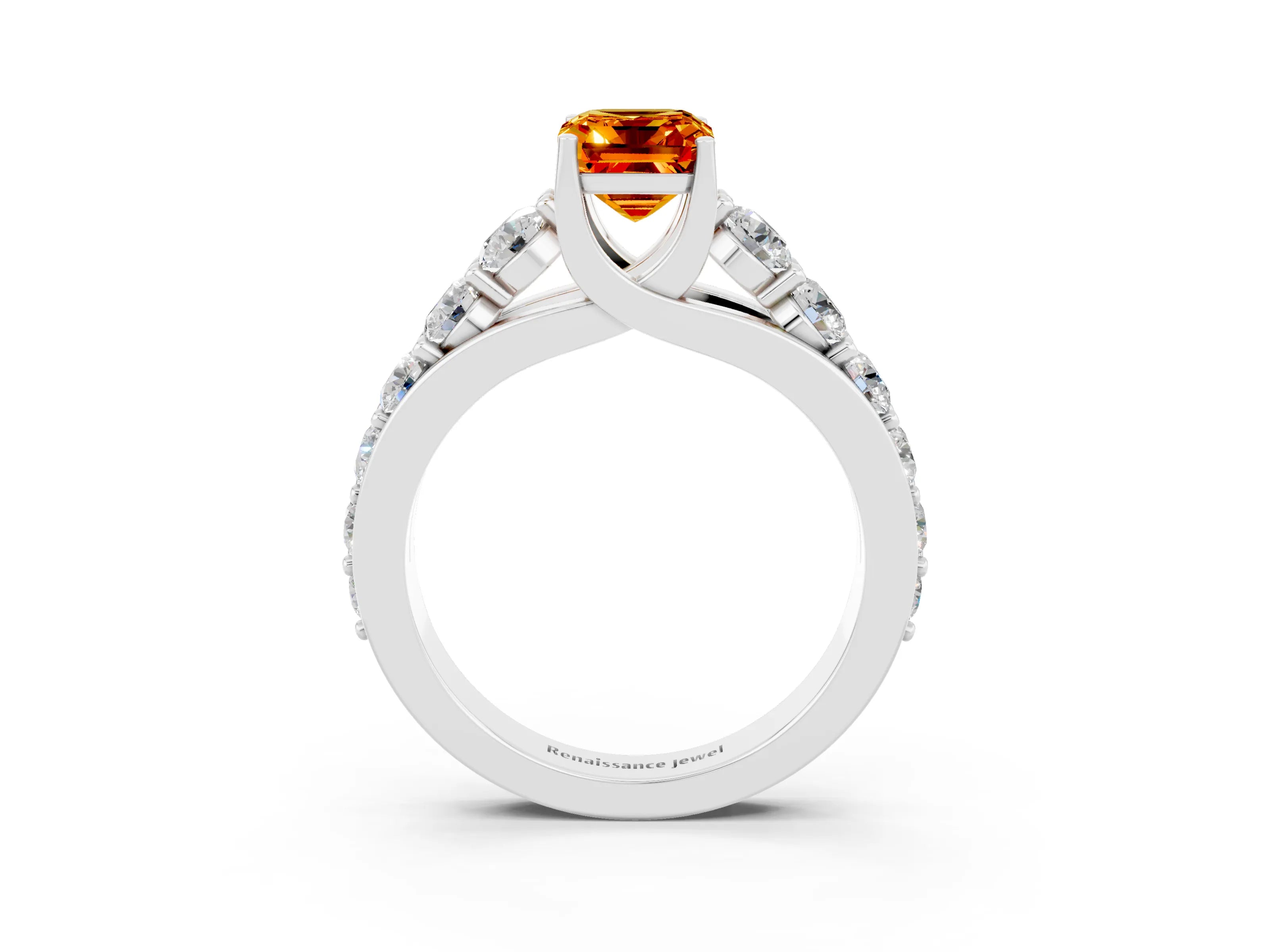 White gold Emerald Cut Citrine Engagement Ring with Pavé Band and Four-Prong Setting_3