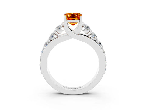 White gold Emerald Cut Citrine Engagement Ring with Pavé Band and Four-Prong Setting_3