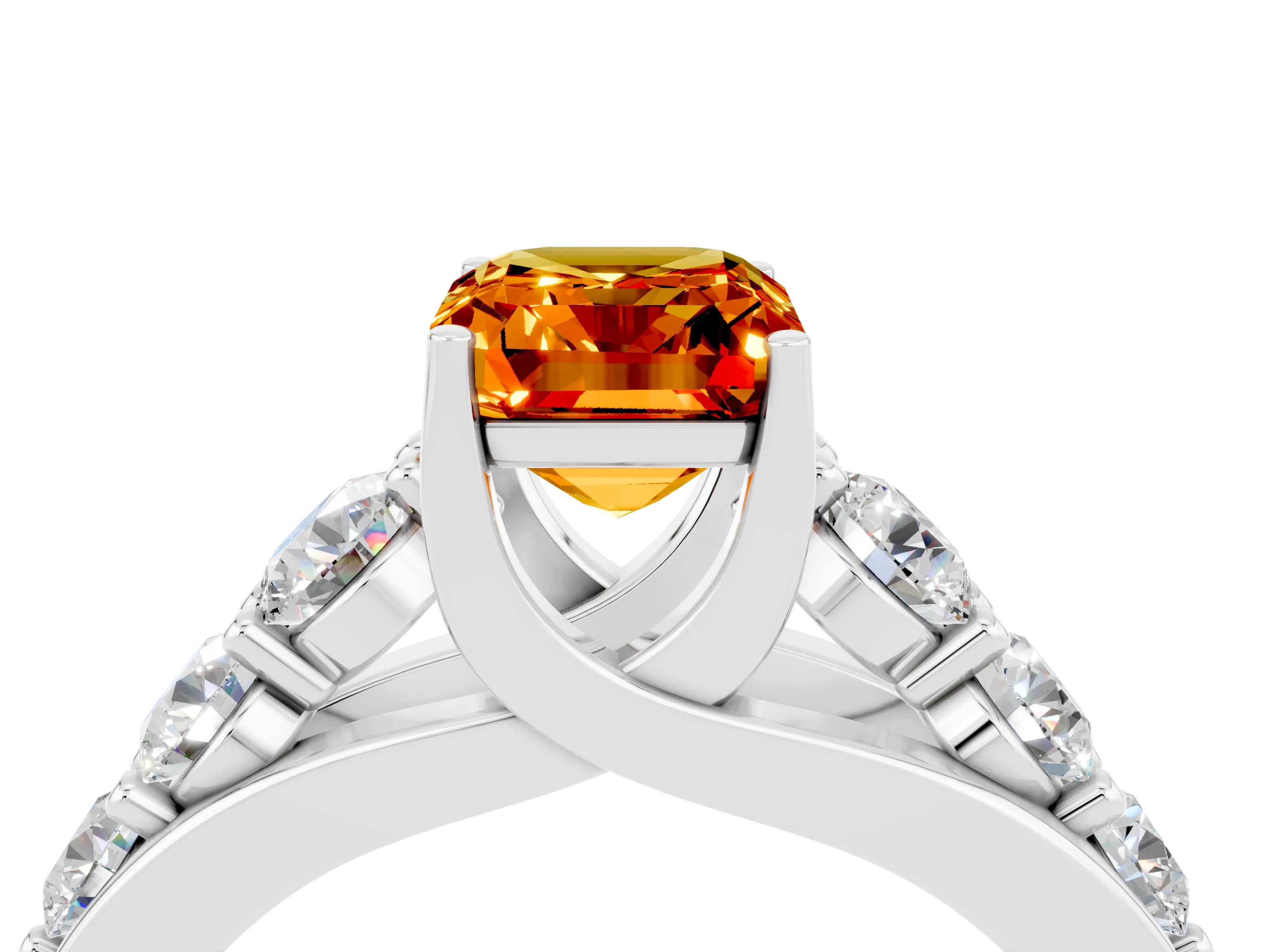 White gold Emerald Cut Citrine Engagement Ring with Pavé Band and Four-Prong Setting_4