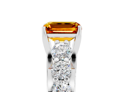 White gold Emerald Cut Citrine Engagement Ring with Pavé Band and Four-Prong Setting_5