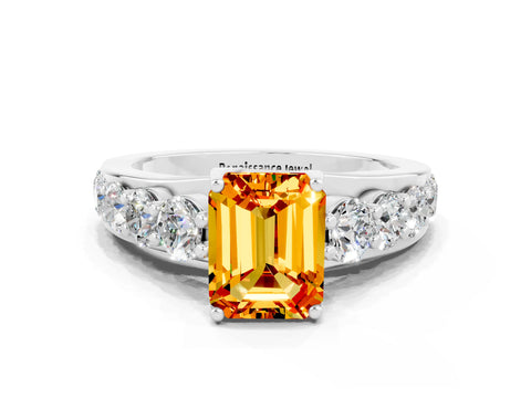 White gold Emerald Cut Citrine Engagement Ring with Pavé Band and Four-Prong Setting