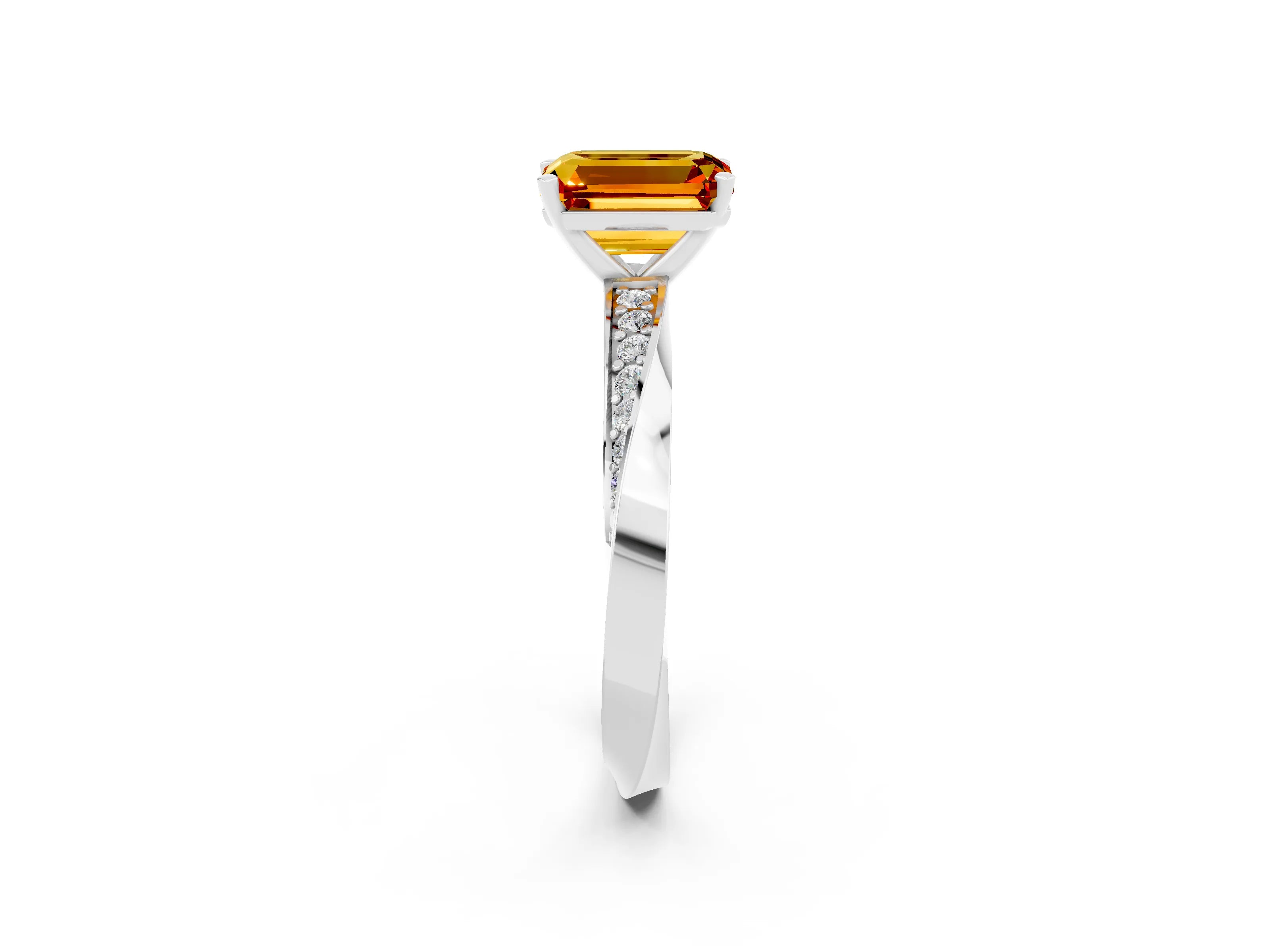 White gold Emerald Cut Citrine Engagement Ring with Side Stone Accents and Four-Prong Setting_29