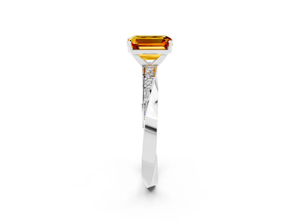 Platinum Emerald Cut Citrine Engagement Ring with Side Stone Accents and Four-Prong Setting