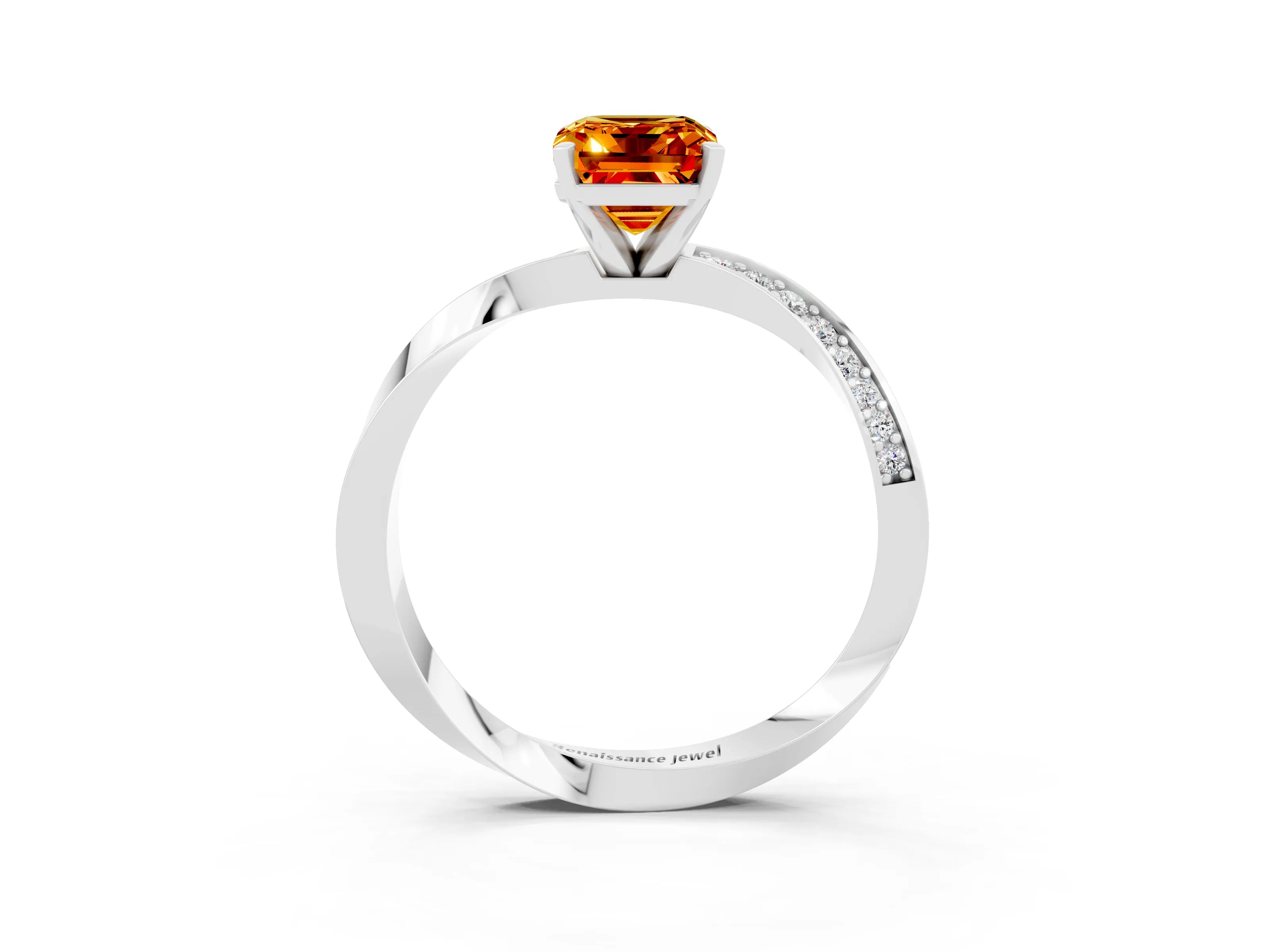 White gold Emerald Cut Citrine Engagement Ring with Side Stone Accents and Four-Prong Setting_30