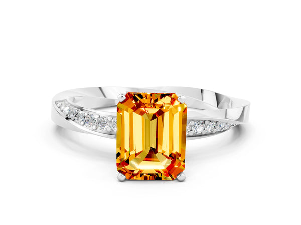 White gold Emerald Cut Citrine Engagement Ring with Side Stone Accents and Four-Prong Setting