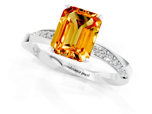White gold Emerald Cut Citrine Engagement Ring with Side Stone Accents and Four-Prong Setting