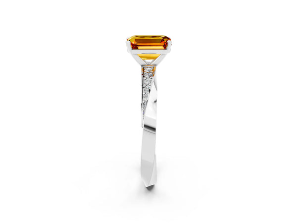 White gold Emerald Cut Citrine Engagement Ring with Side Stone Accents and Four-Prong Setting