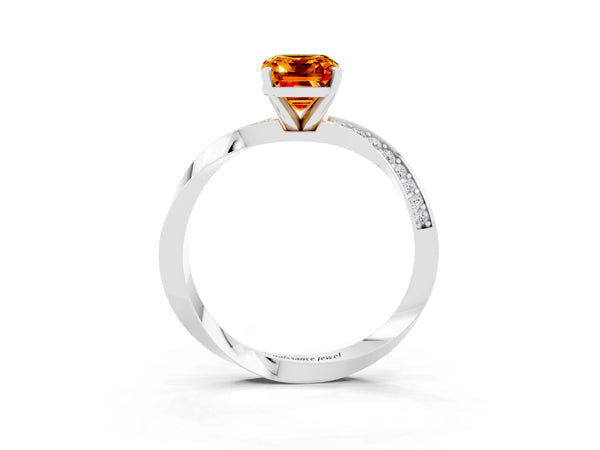White gold Emerald Cut Citrine Engagement Ring with Side Stone Accents and Four-Prong Setting