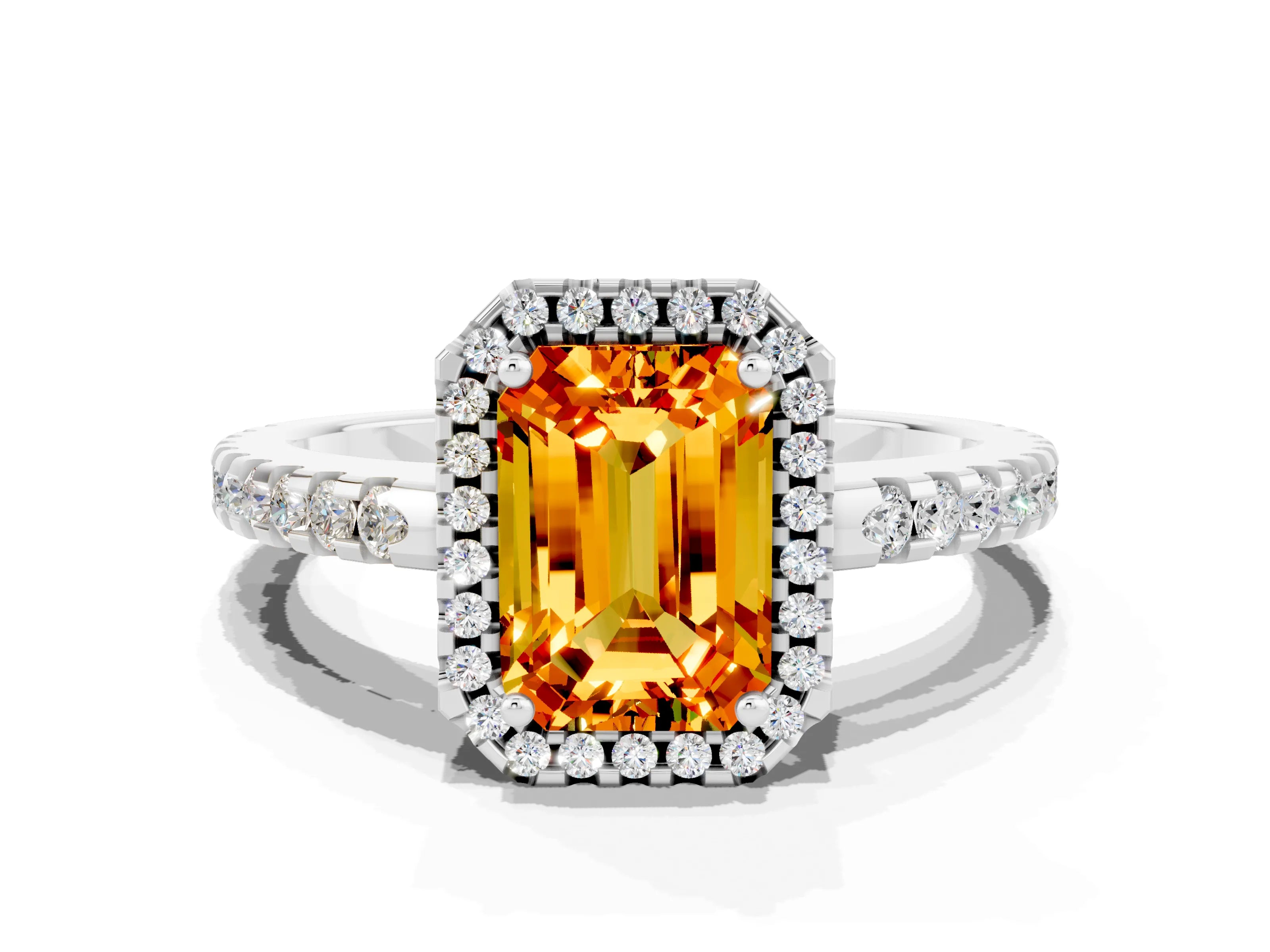 White gold Emerald Cut Citrine Halo Engagement Ring with Pavé Band and Prong Setting_12