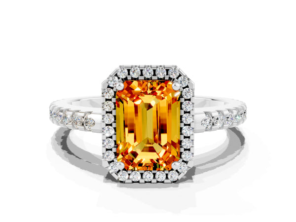 Platinum Emerald Cut Citrine Halo Engagement Ring with Pavé Band and Prong Setting