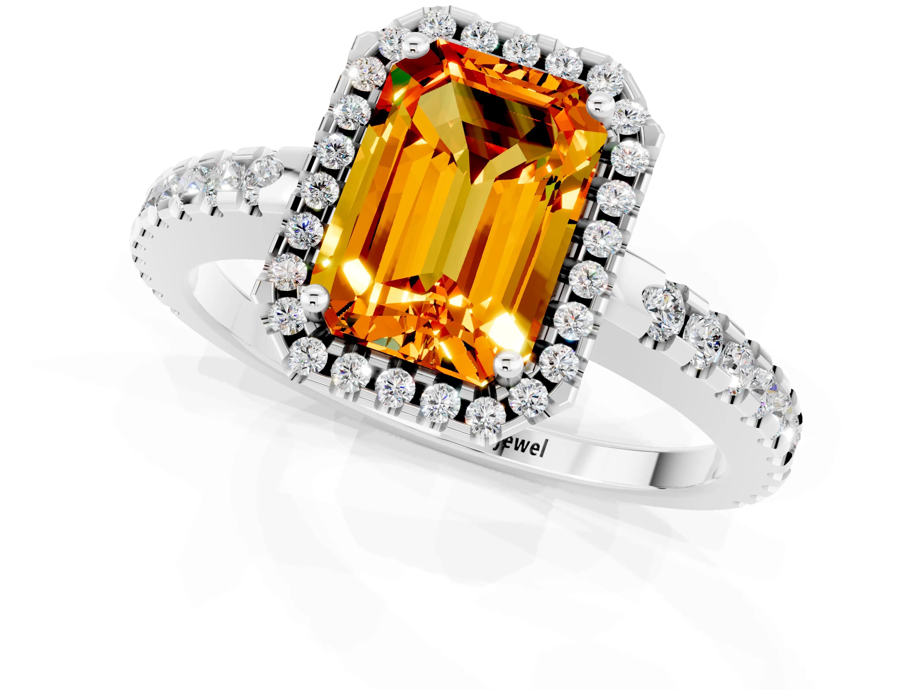 White gold Emerald Cut Citrine Halo Engagement Ring with Pavé Band and Prong Setting_13