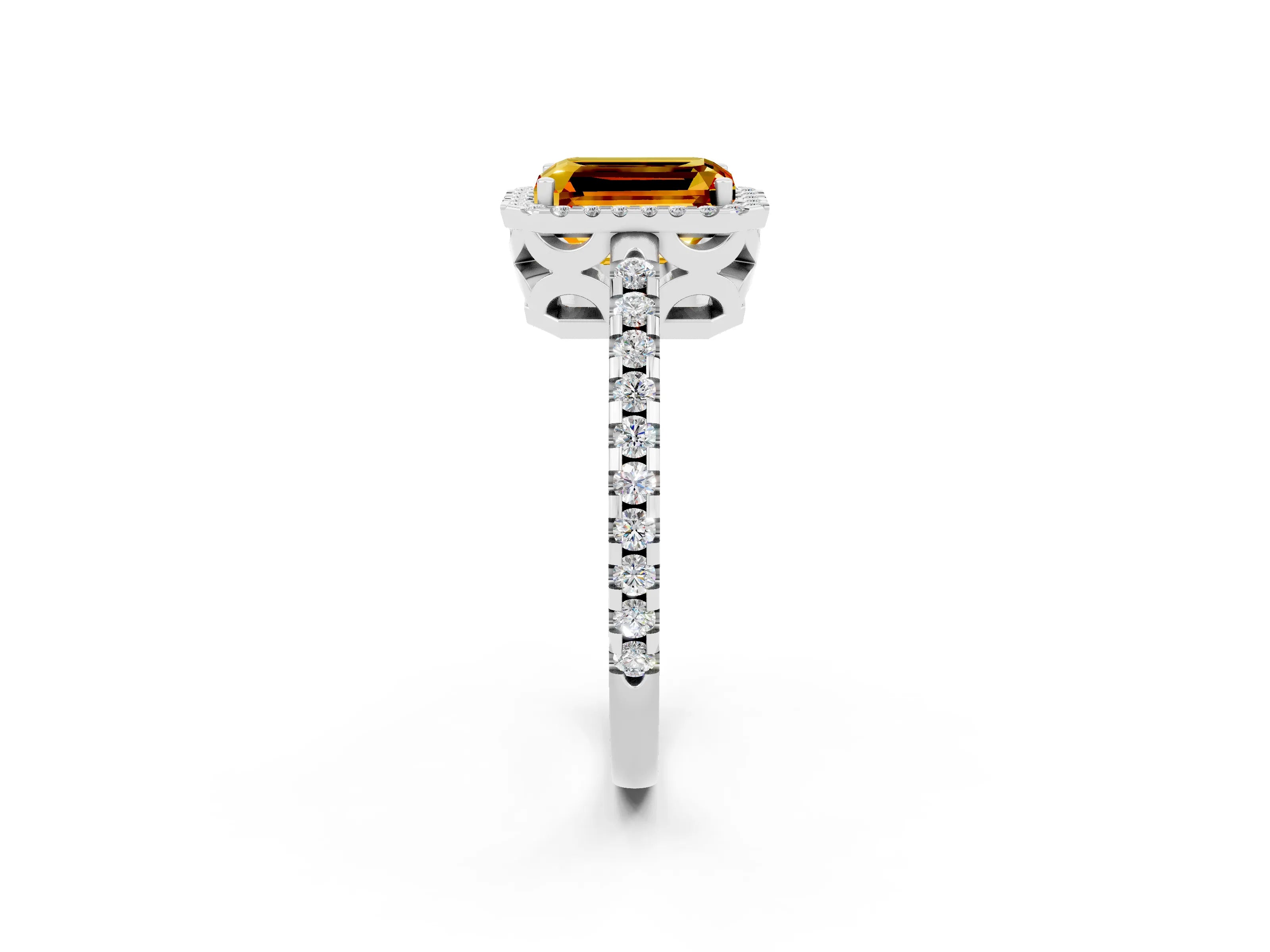 White gold Emerald Cut Citrine Halo Engagement Ring with Pavé Band and Prong Setting_14