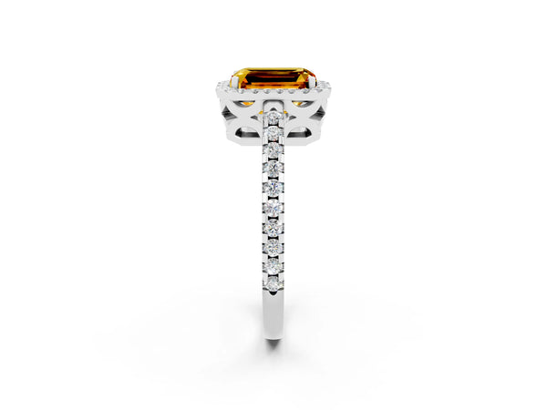 Silver Emerald Cut Citrine Halo Engagement Ring with Pavé Band and Prong Setting