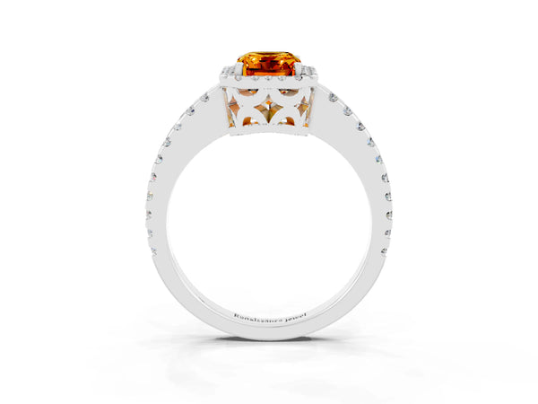 White gold Emerald Cut Citrine Halo Engagement Ring with Pavé Band and Prong Setting