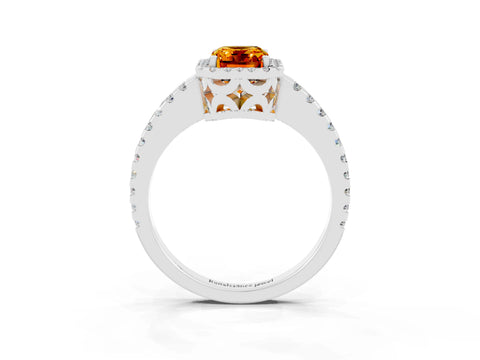 White gold Emerald Cut Citrine Halo Engagement Ring with Pavé Band and Prong Setting_15