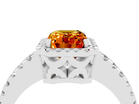 White gold Emerald Cut Citrine Halo Engagement Ring with Pavé Band and Prong Setting_16