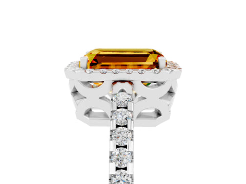White gold Emerald Cut Citrine Halo Engagement Ring with Pavé Band and Prong Setting_17