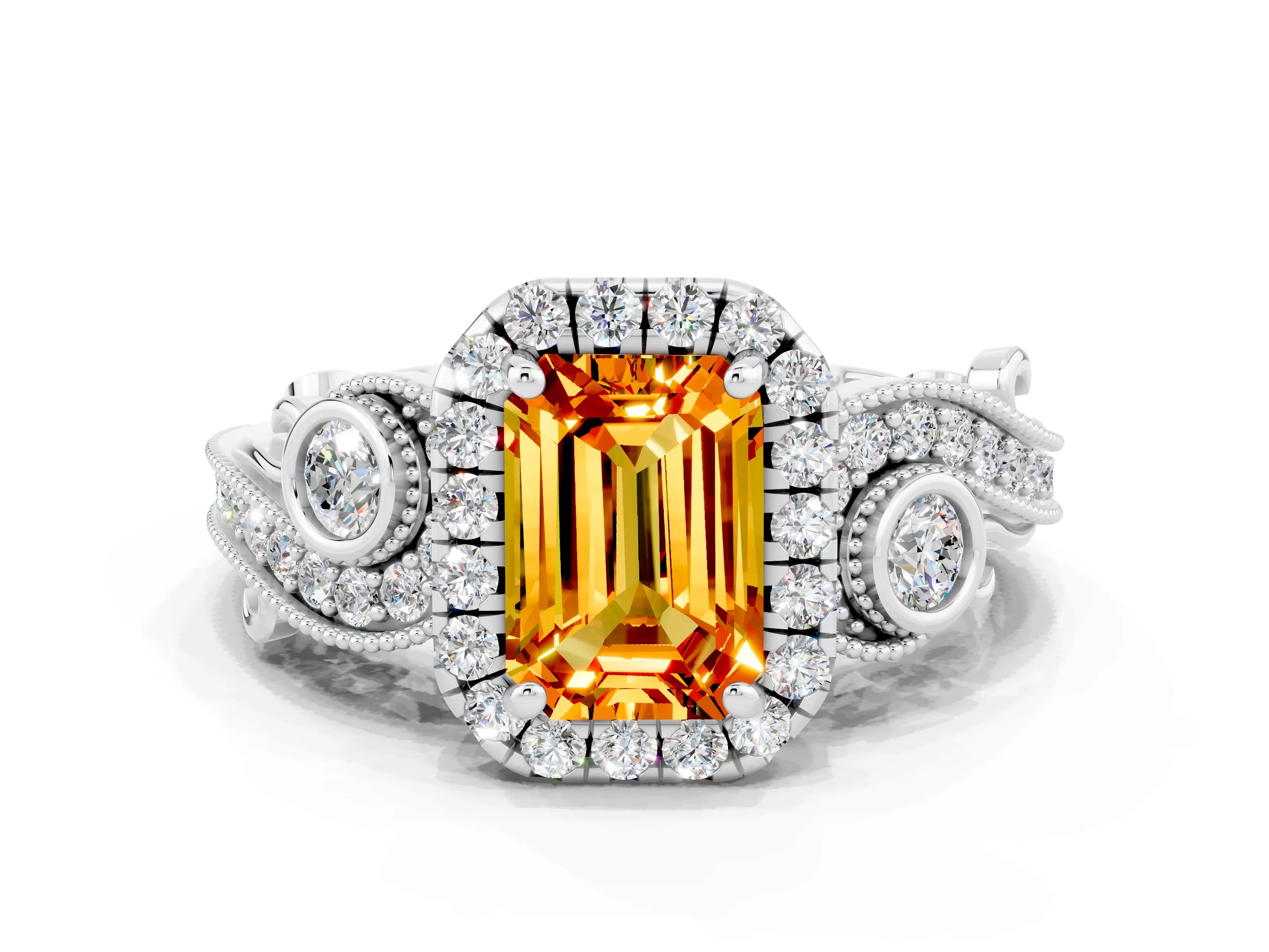 White gold Emerald Cut Citrine Halo Ring with Milgrain Pavé Band and Four-Prong Setting_12