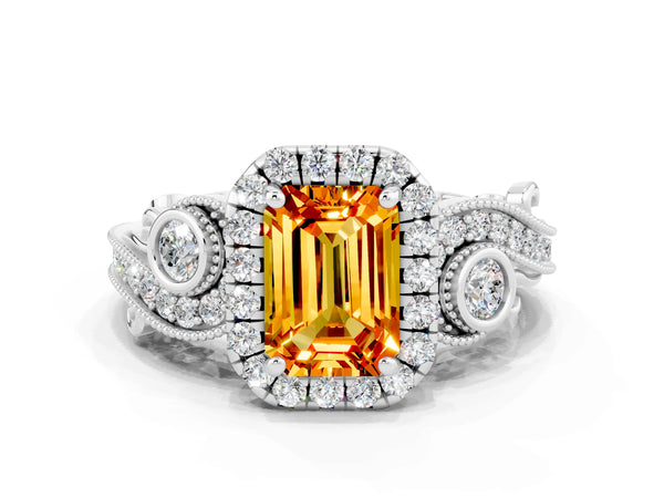 Silver Emerald Cut Citrine Halo Ring with Milgrain Pavé Band and Four-Prong Setting