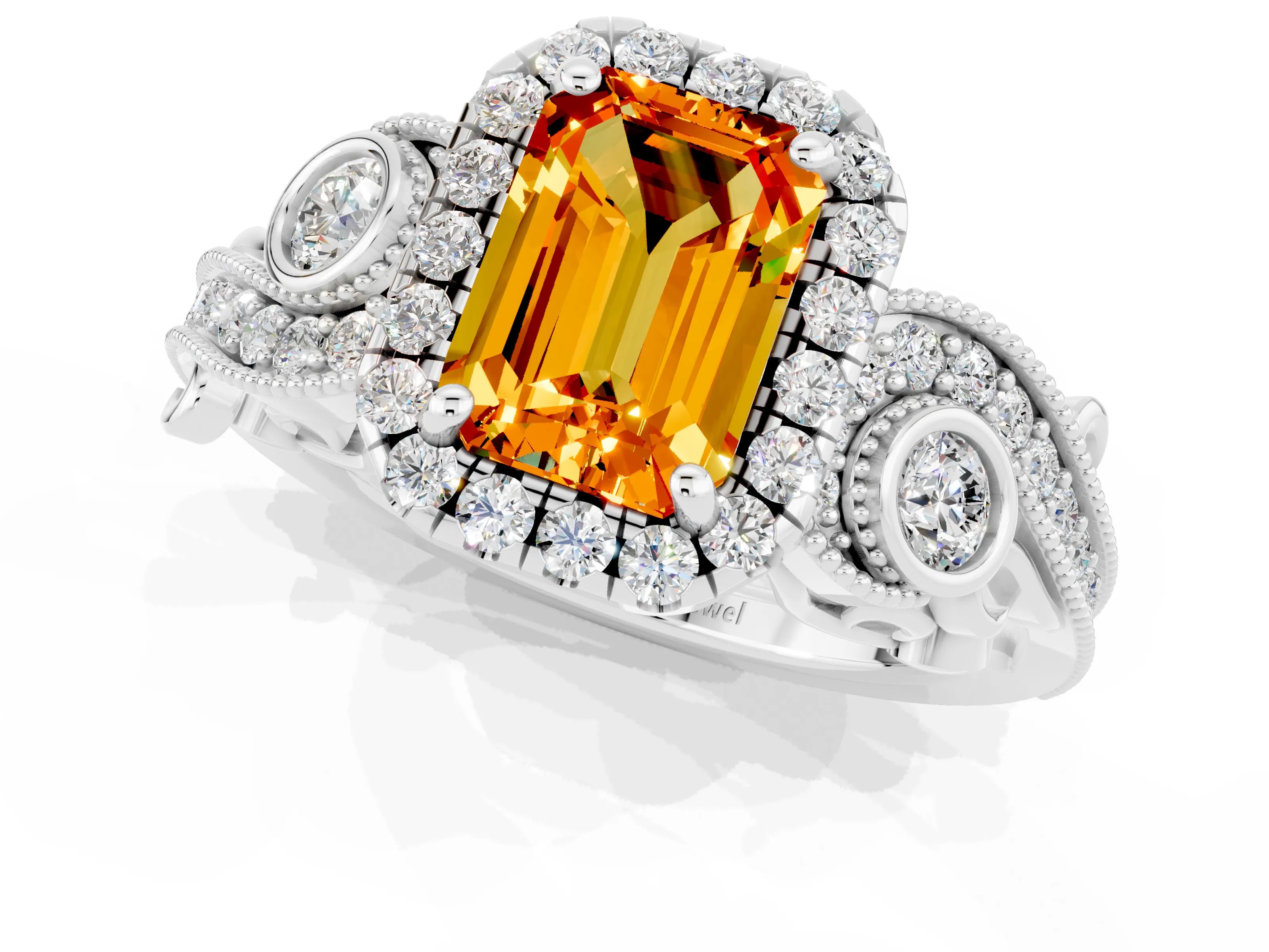 White gold Emerald Cut Citrine Halo Ring with Milgrain Pavé Band and Four-Prong Setting_13