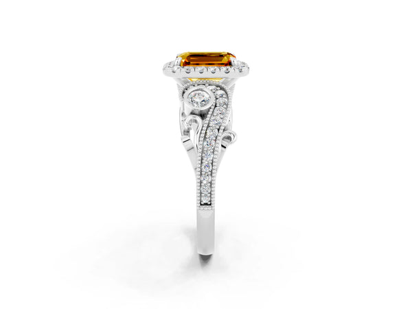 Platinum Emerald Cut Citrine Halo Ring with Milgrain Pavé Band and Four-Prong Setting