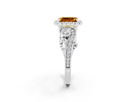White gold Emerald Cut Citrine Halo Ring with Milgrain Pavé Band and Four-Prong Setting_14