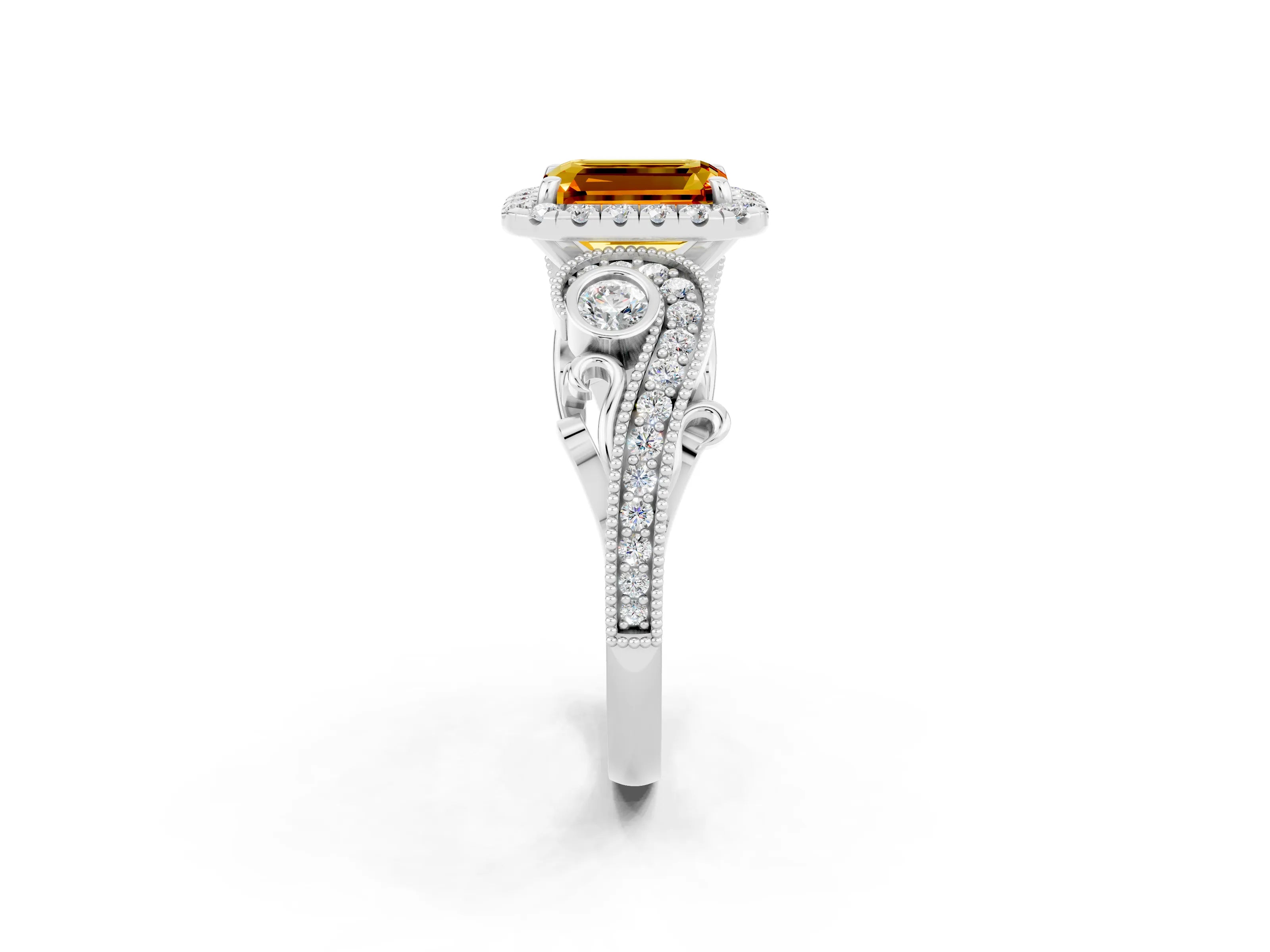 White gold Emerald Cut Citrine Halo Ring with Milgrain Pavé Band and Four-Prong Setting_14