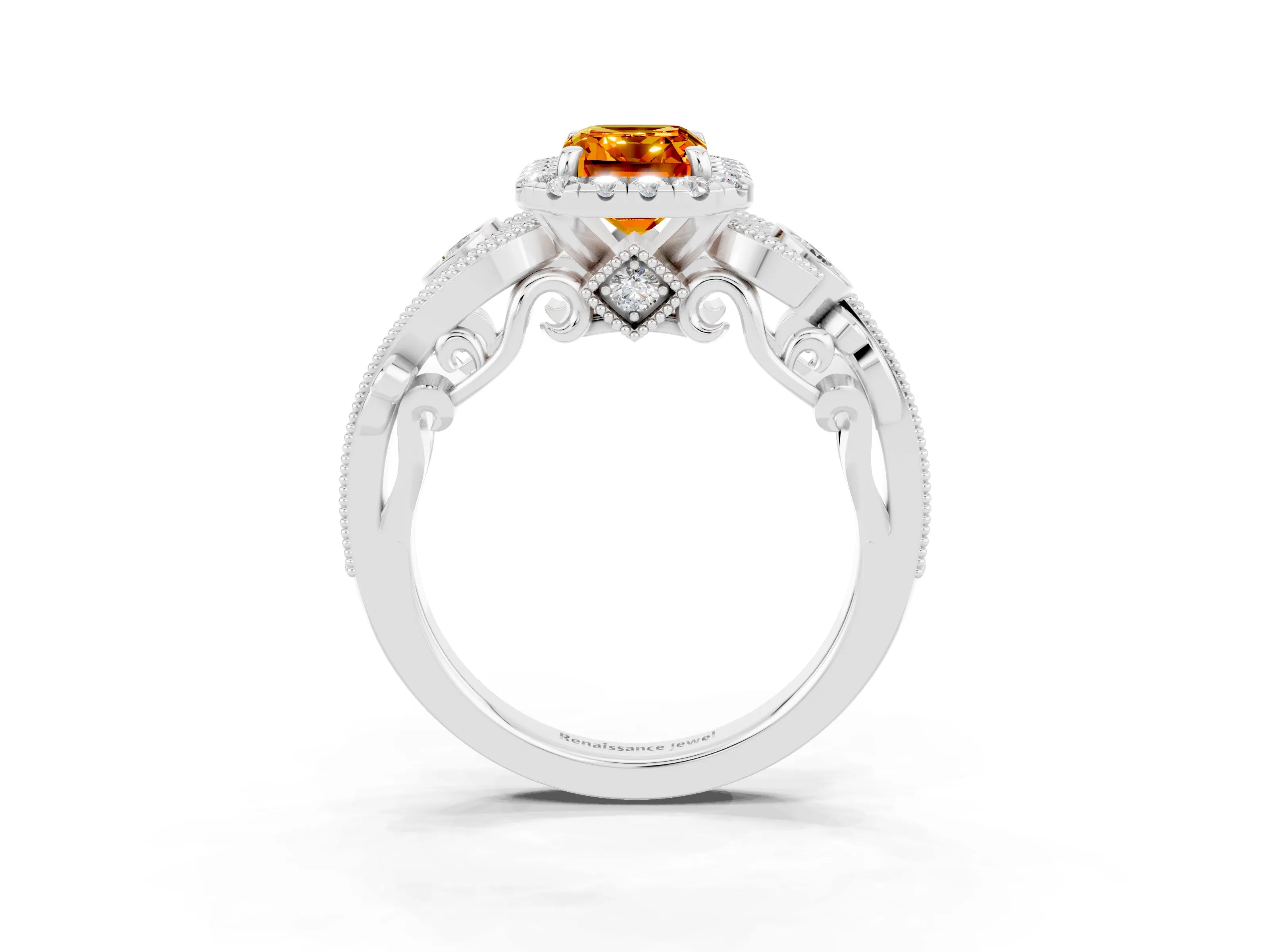 White gold Emerald Cut Citrine Halo Ring with Milgrain Pavé Band and Four-Prong Setting_15