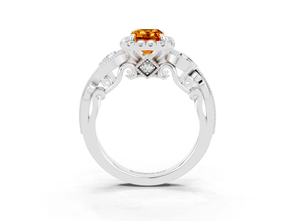 White gold Emerald Cut Citrine Halo Ring with Milgrain Pavé Band and Four-Prong Setting