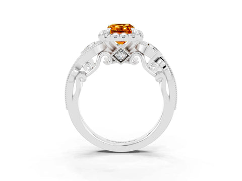 White gold Emerald Cut Citrine Halo Ring with Milgrain Pavé Band and Four-Prong Setting_15