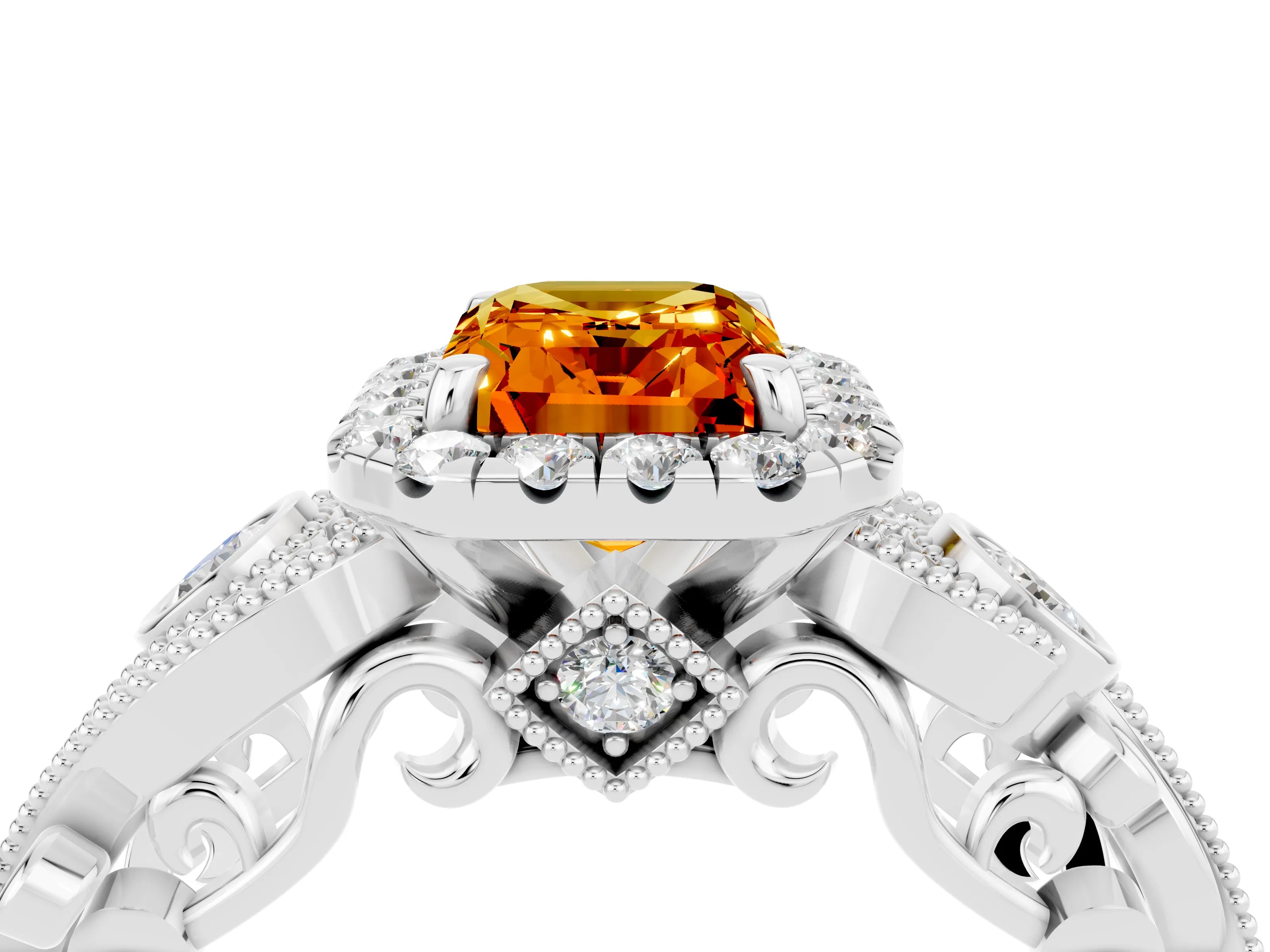 White gold Emerald Cut Citrine Halo Ring with Milgrain Pavé Band and Four-Prong Setting_16