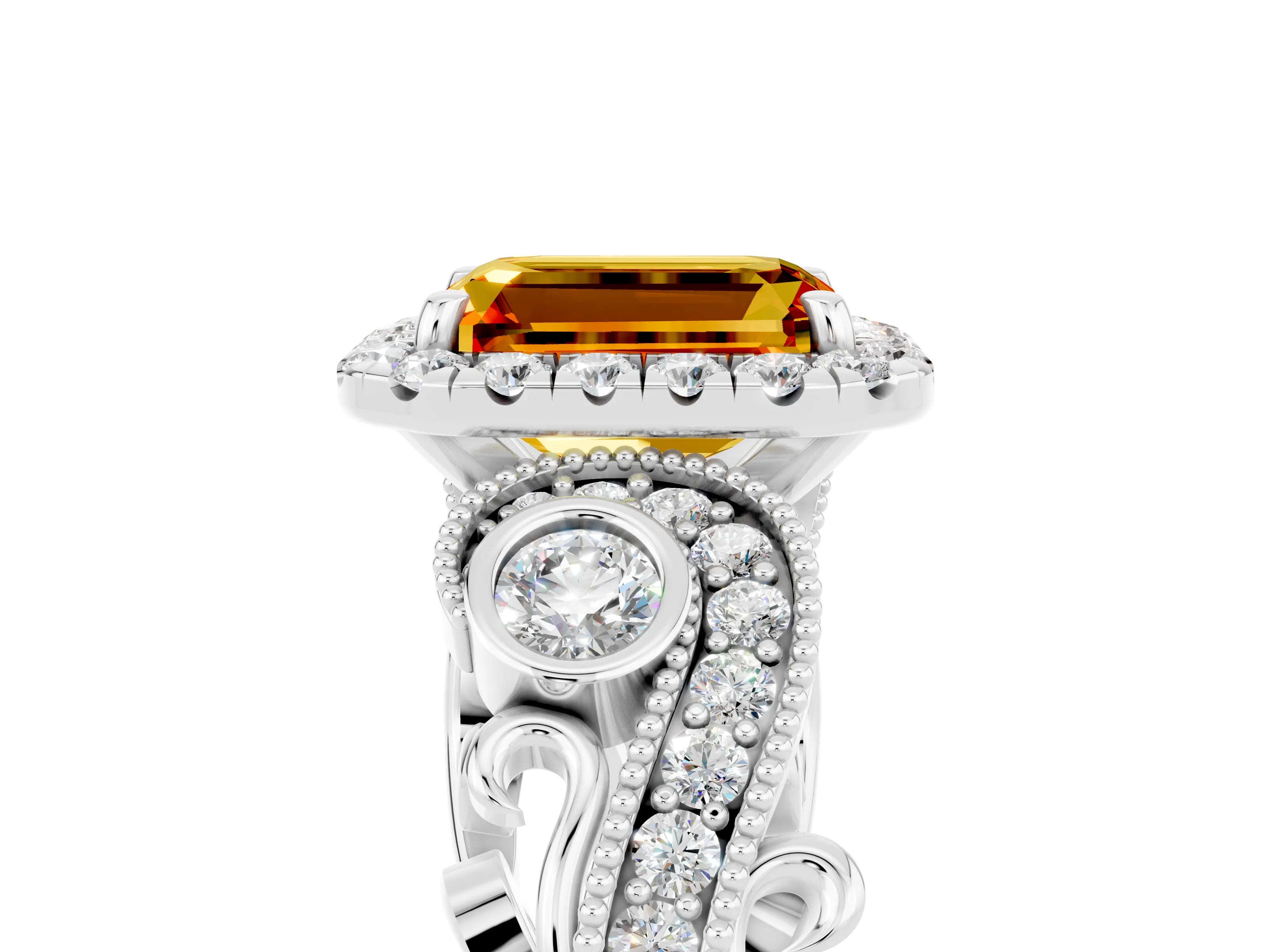 White gold Emerald Cut Citrine Halo Ring with Milgrain Pavé Band and Four-Prong Setting_17