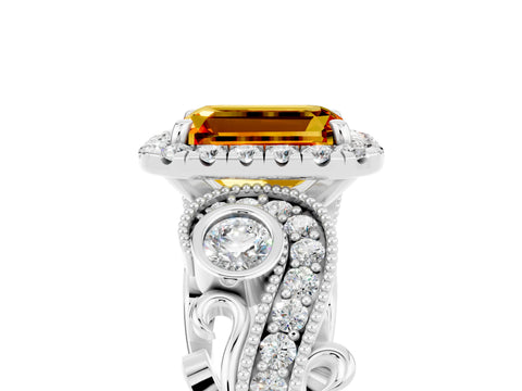 White gold Emerald Cut Citrine Halo Ring with Milgrain Pavé Band and Four-Prong Setting_17