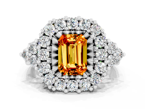 White gold Emerald Cut Citrine Halo Ring with Pavé Band and Four-Prong Setting