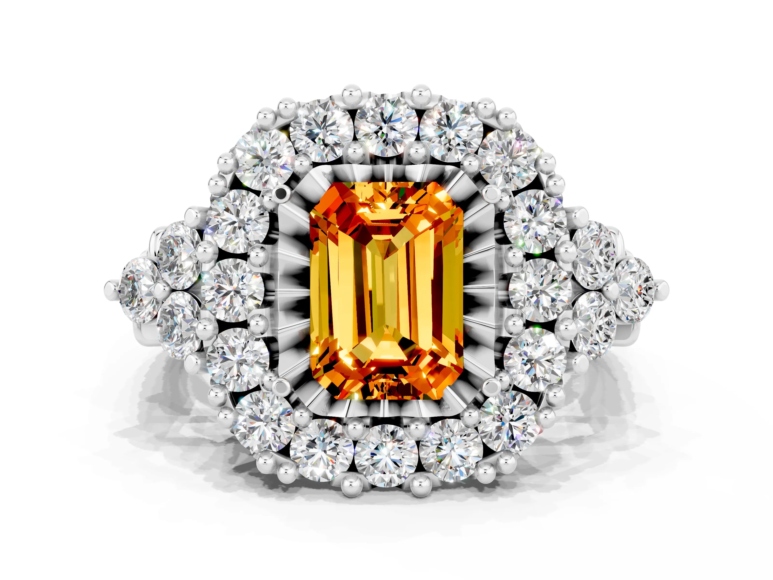 White gold Emerald Cut Citrine Halo Ring with Pavé Band and Four-Prong Setting_12