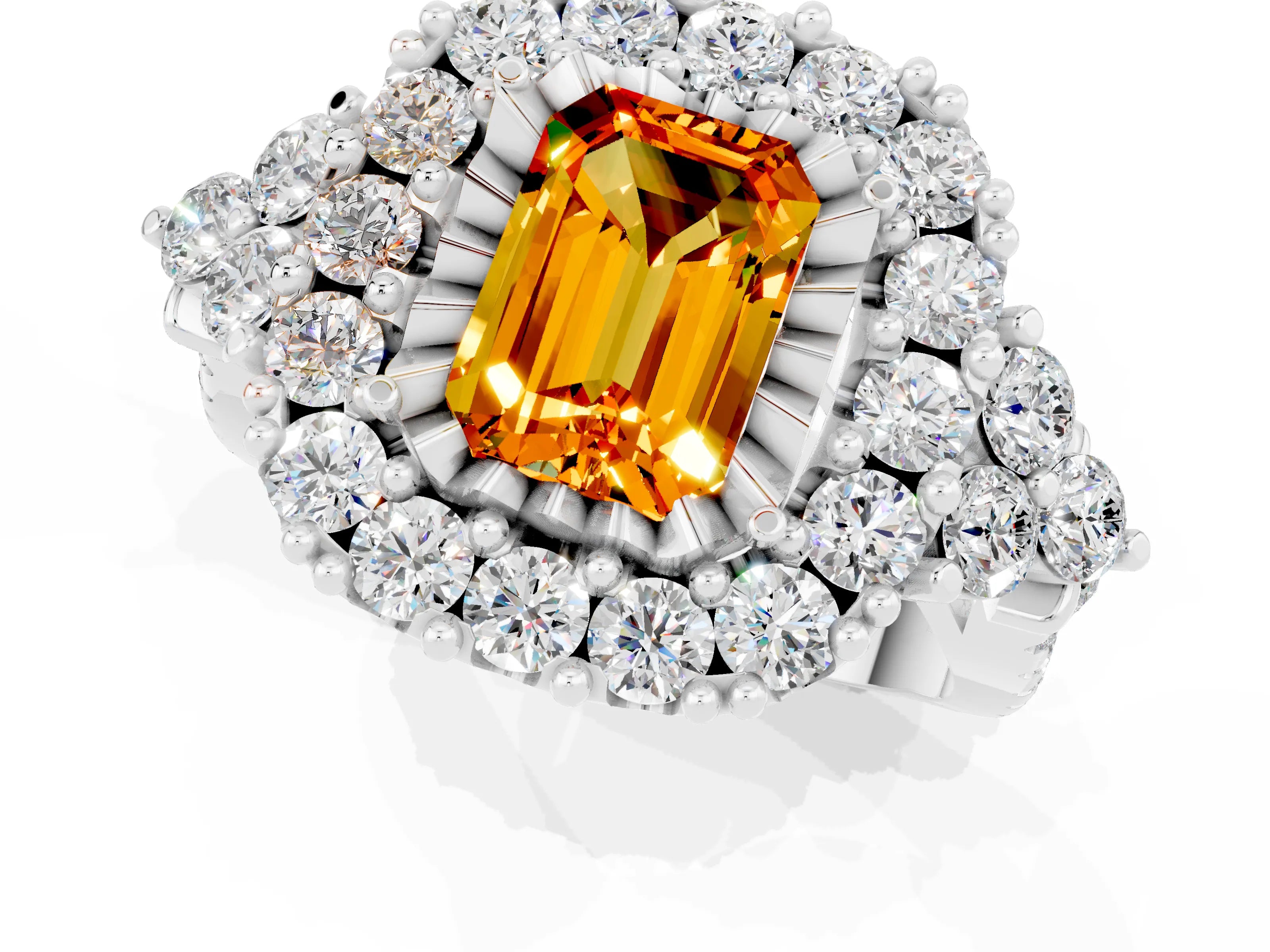 White gold Emerald Cut Citrine Halo Ring with Pavé Band and Four-Prong Setting_13