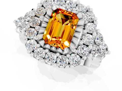 White gold Emerald Cut Citrine Halo Ring with Pavé Band and Four-Prong Setting_13
