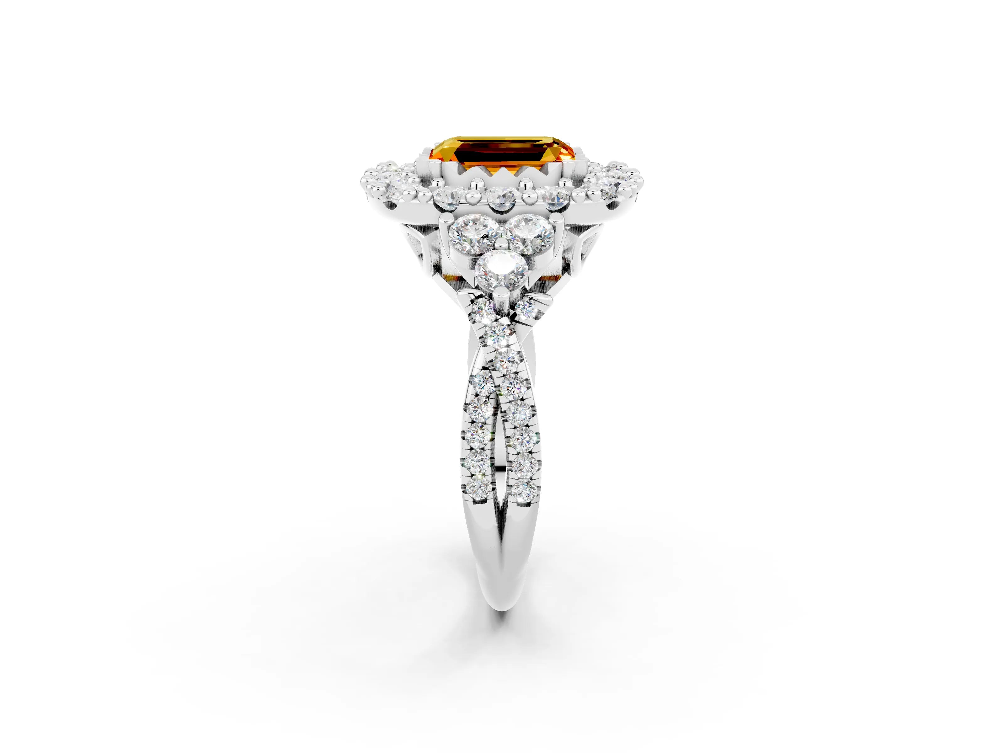 White gold Emerald Cut Citrine Halo Ring with Pavé Band and Four-Prong Setting_14