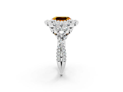 White gold Emerald Cut Citrine Halo Ring with Pavé Band and Four-Prong Setting_14