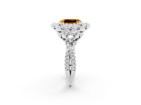 White gold Emerald Cut Citrine Halo Ring with Pavé Band and Four-Prong Setting