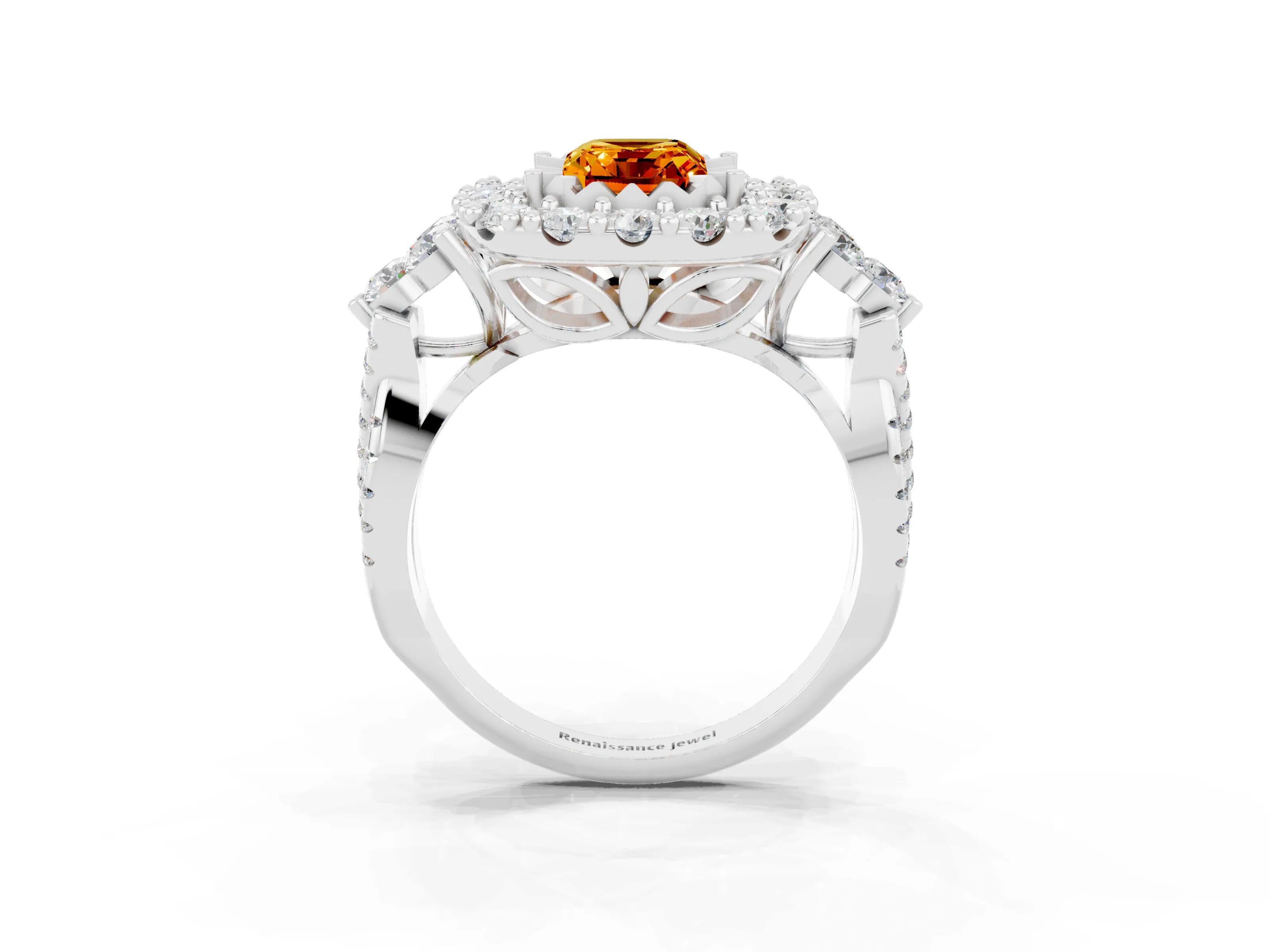 White gold Emerald Cut Citrine Halo Ring with Pavé Band and Four-Prong Setting_15