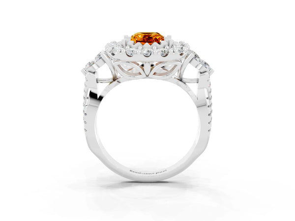 Platinum Emerald Cut Citrine Halo Ring with Pavé Band and Four-Prong Setting