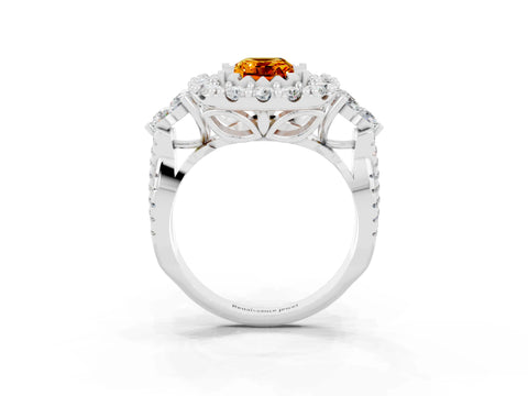White gold Emerald Cut Citrine Halo Ring with Pavé Band and Four-Prong Setting_15