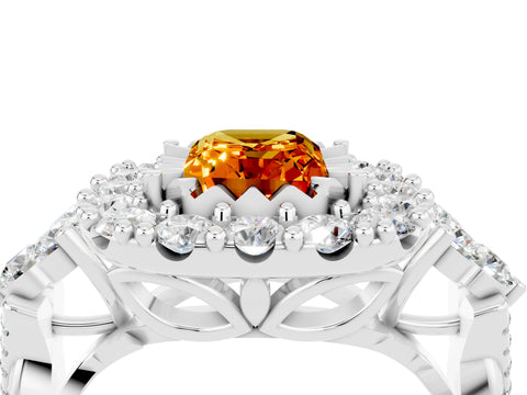 White gold Emerald Cut Citrine Halo Ring with Pavé Band and Four-Prong Setting_16