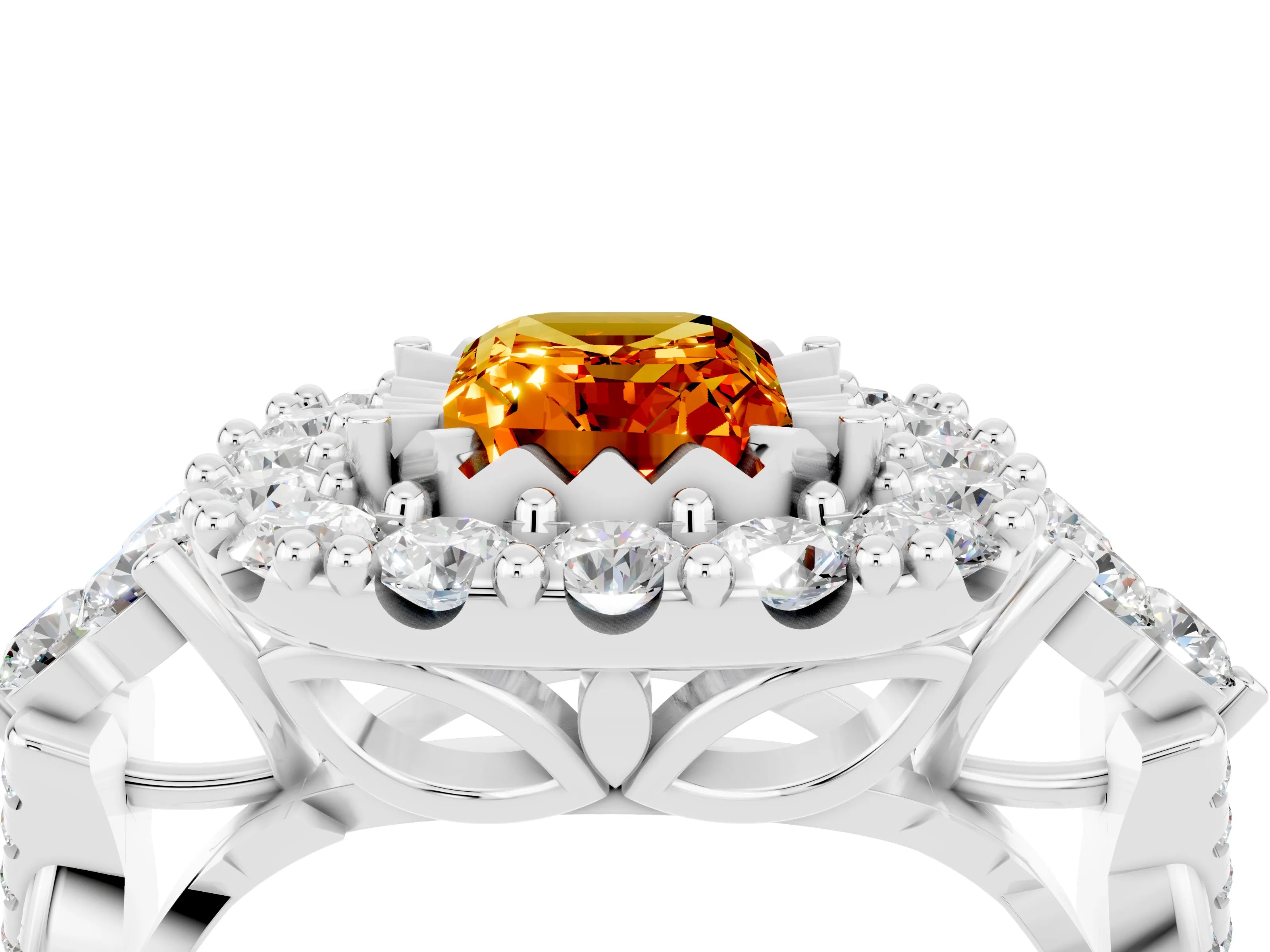 White gold Emerald Cut Citrine Halo Ring with Pavé Band and Four-Prong Setting_16