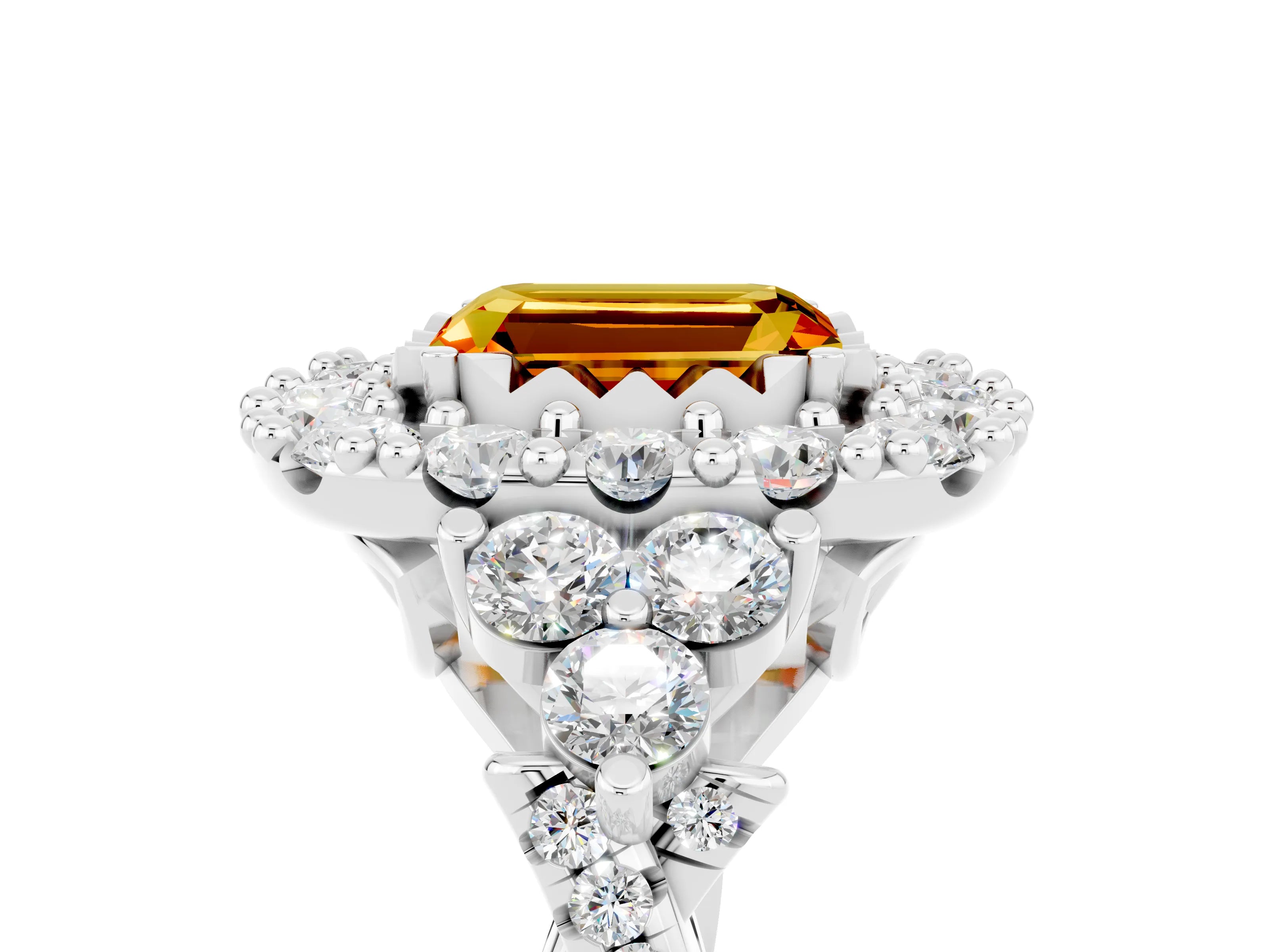 White gold Emerald Cut Citrine Halo Ring with Pavé Band and Four-Prong Setting_17