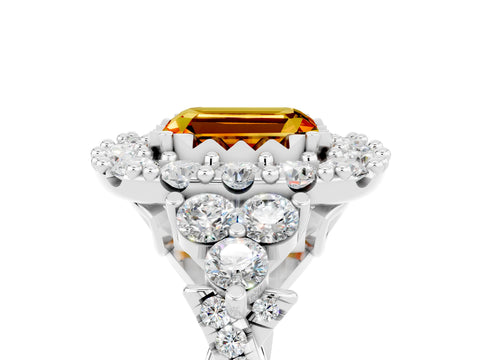 White gold Emerald Cut Citrine Halo Ring with Pavé Band and Four-Prong Setting_17
