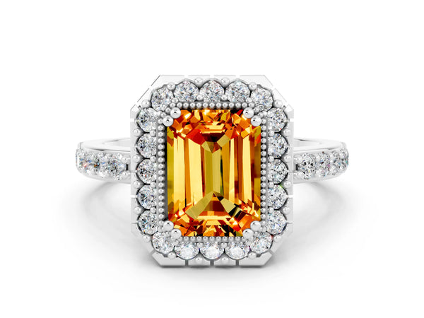 Platinum Emerald Cut Citrine Halo Ring with Pavé Band and Prong Setting