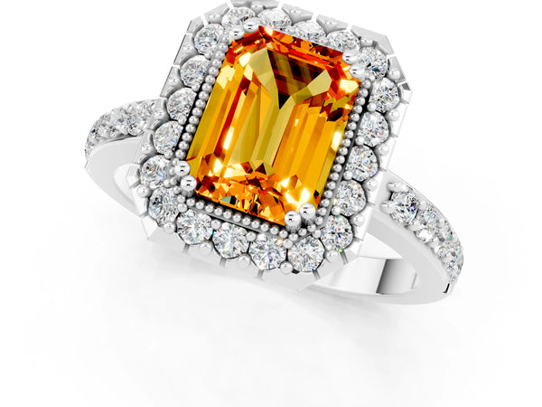 Platinum Emerald Cut Citrine Halo Ring with Pavé Band and Prong Setting
